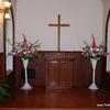 alter is raised, pulpit can be moved, wicker baskets available for rent.